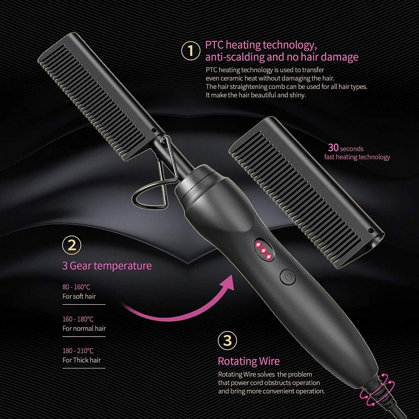 AliLeader Hair Straightener Black Hot Comb Heat Pressing Portable One Size NEW