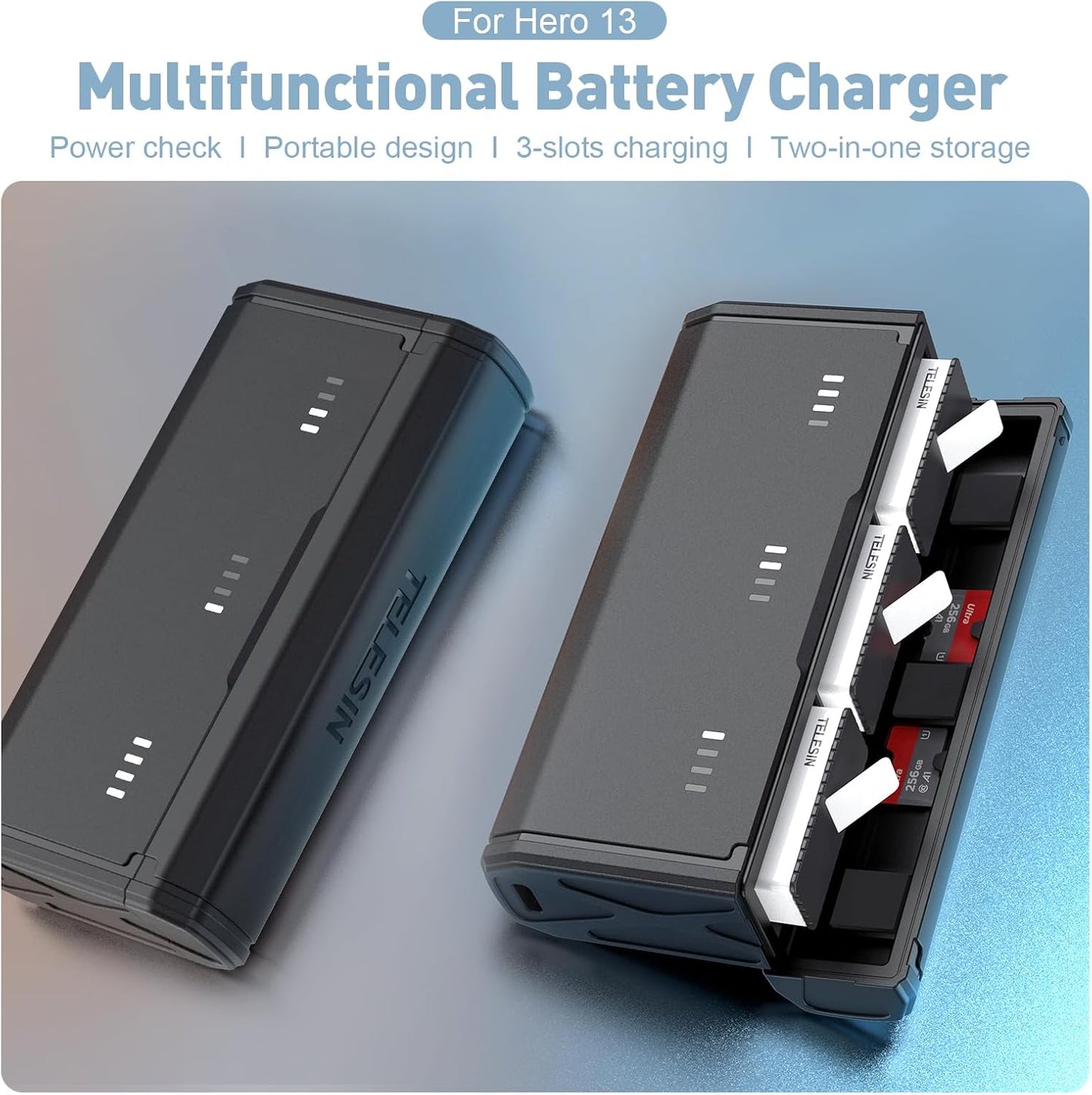 TELESIN Enduro Battery Charger with Smart Power Indicator and Side Charging NEW
