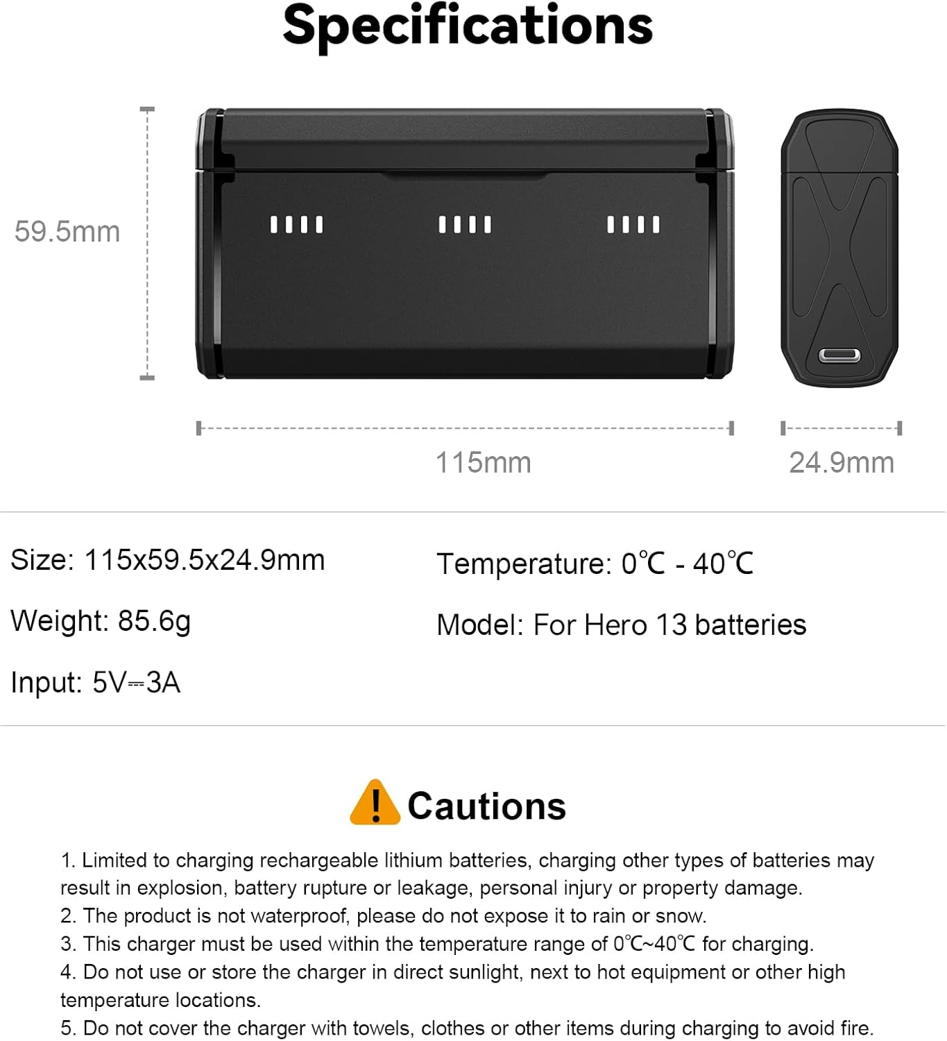 TELESIN Enduro Battery Charger with Smart Power Indicator and Side Charging NEW