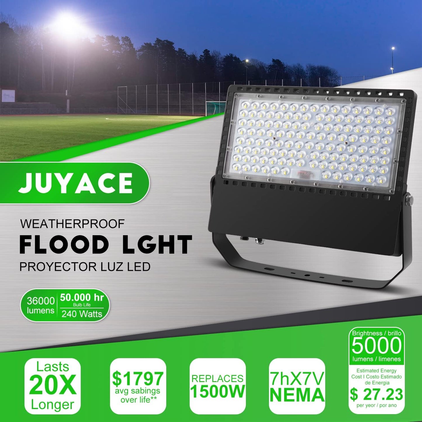 Juyace 36000Lm 1500W Equivalent LED Stadium Flood Light Outdoor Cool White DEMO