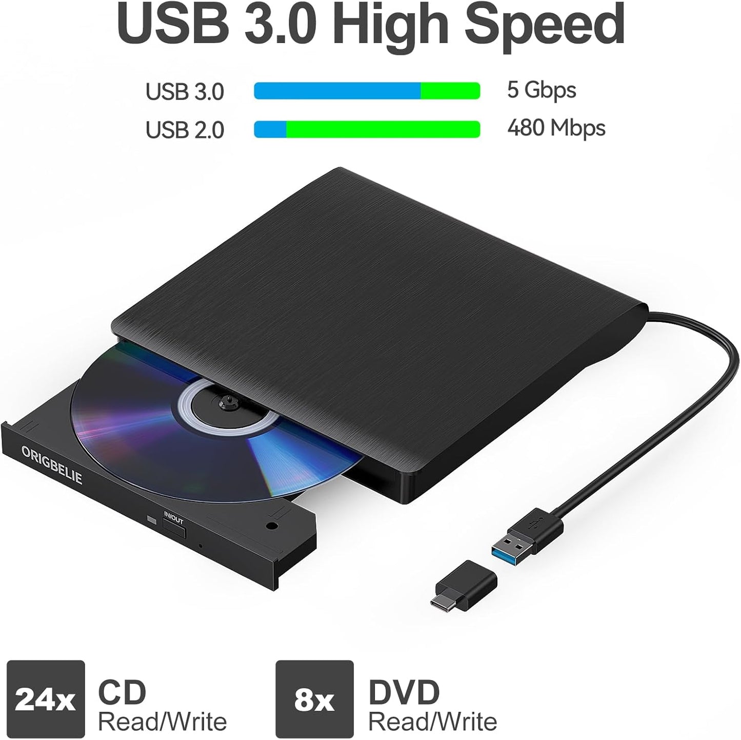 ORIGBELIE USB 3.0 External CD/DVD Burner Optical Drive for Laptop, Black DEMO