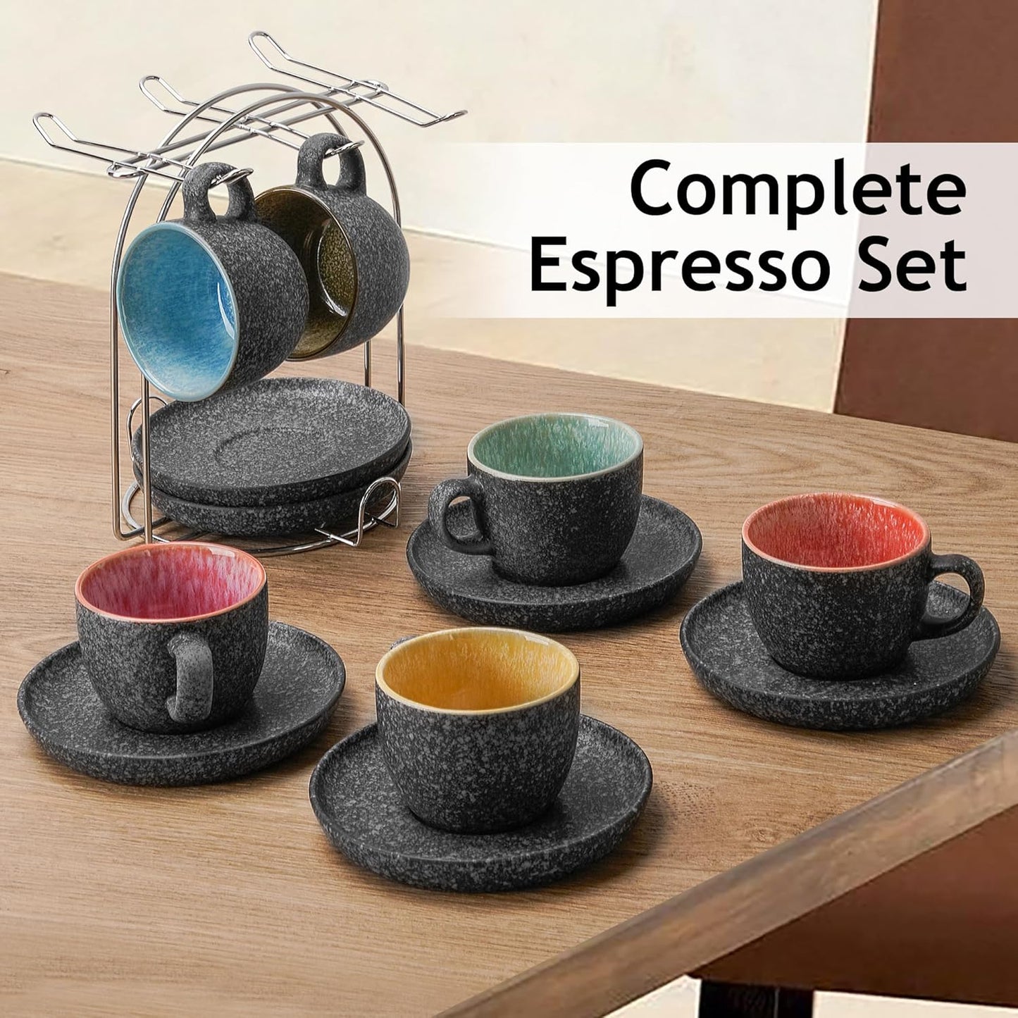 MIAMIO Ceramic Stackable Espresso Cups with Saucers and Metal Stand Set NEW