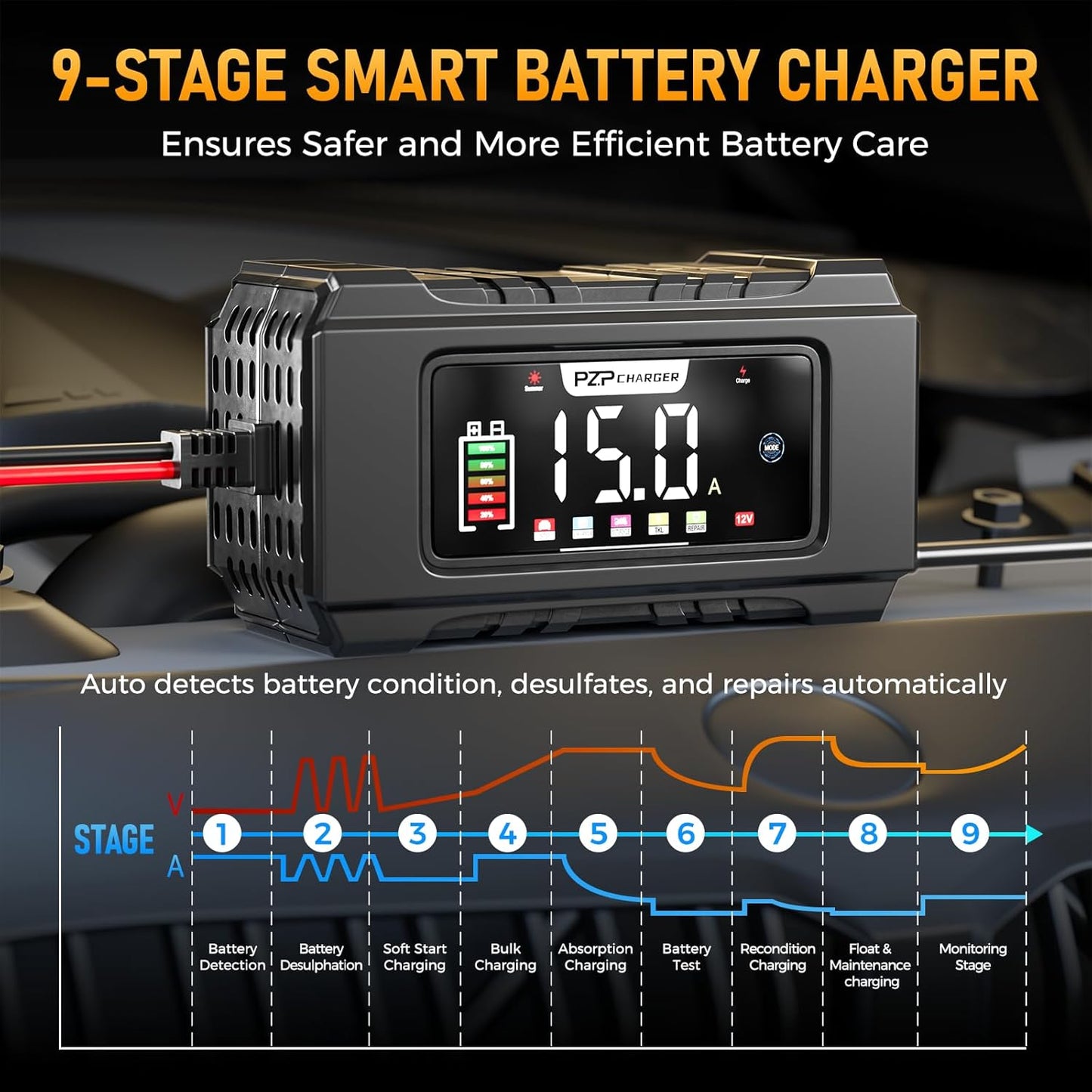 PZ.P 15-Amp Smart Battery Charger and Maintainer for 12V/24V Vehicles DEMO
