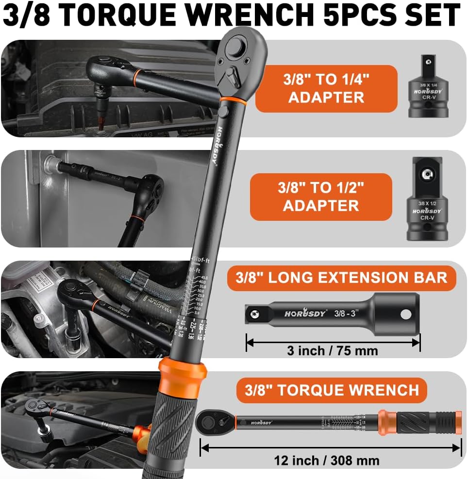 HORUSDY 3/8-Inch Hand Tools Drive Click Torque Wrench Set 5-45 ft-lb DEMO