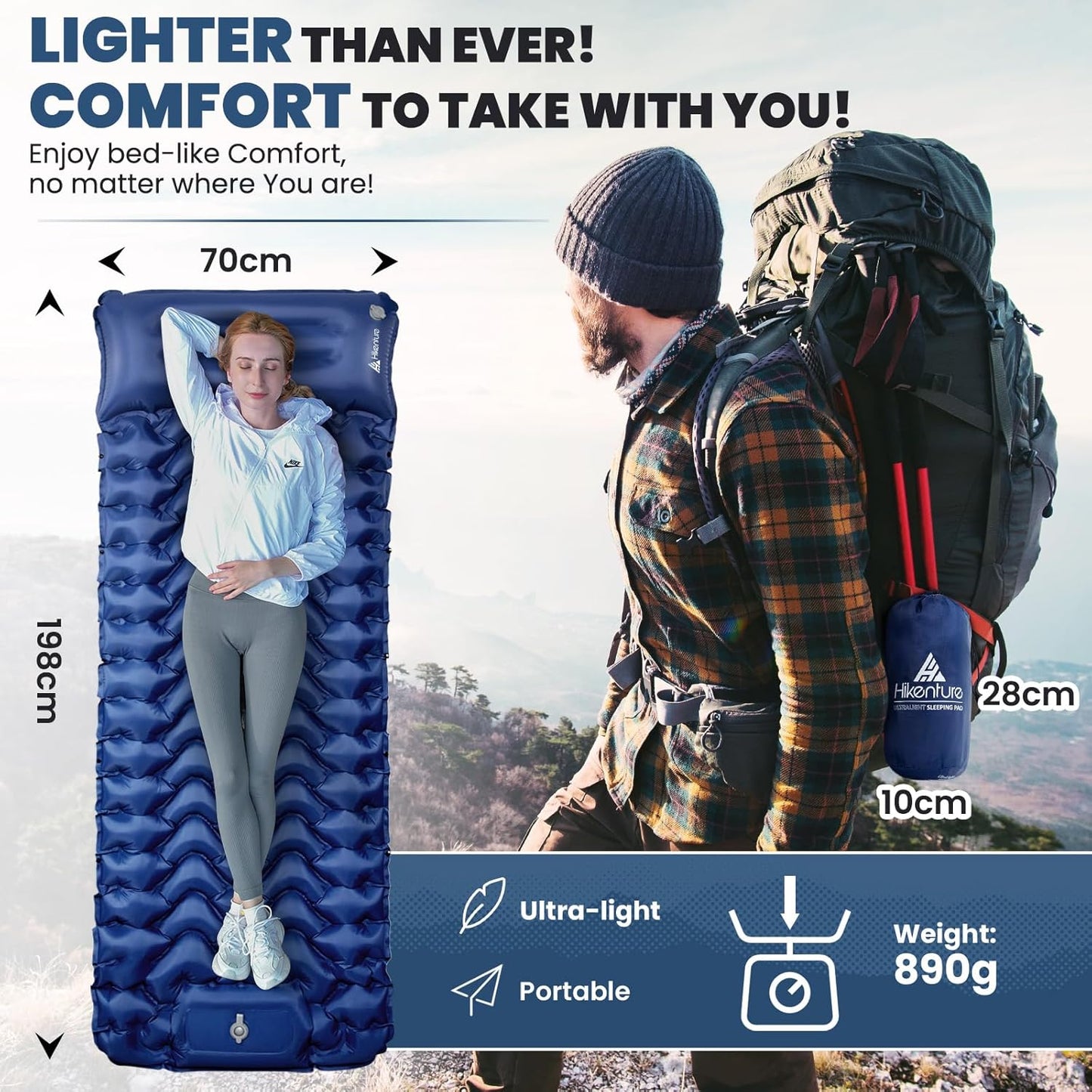 HIKENTURE Self-Inflating Sleeping Mat Backpacking Pad, Blue Single, DEMO