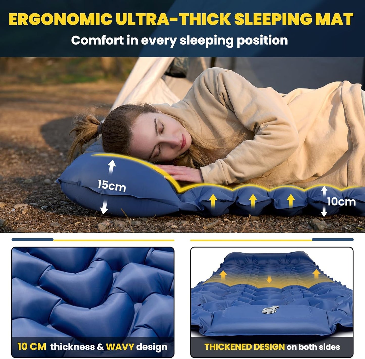 HIKENTURE Self-Inflating Sleeping Mat Backpacking Pad, Blue Single, DEMO