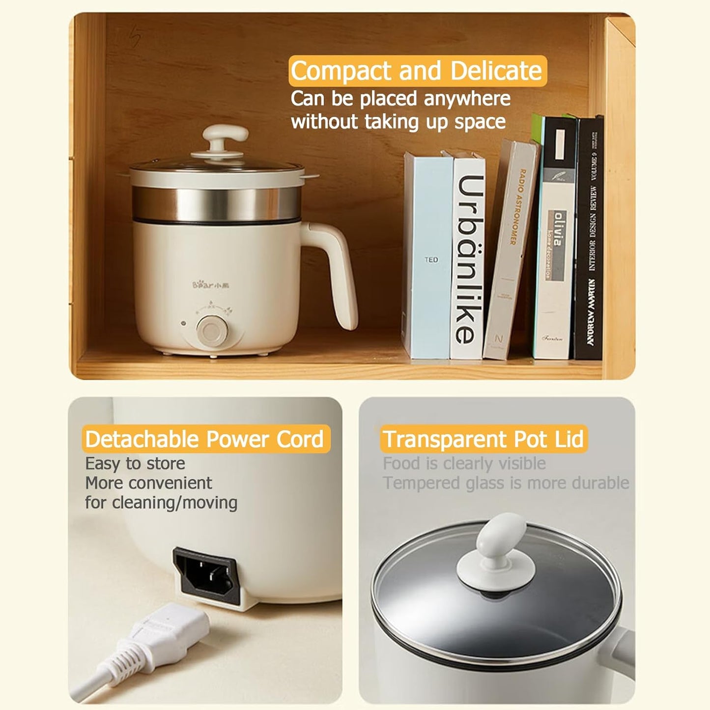 TECHBEAR 1.2L Electric Steamer Pot with Nonstick Coating for Ramen Cooking DEMO
