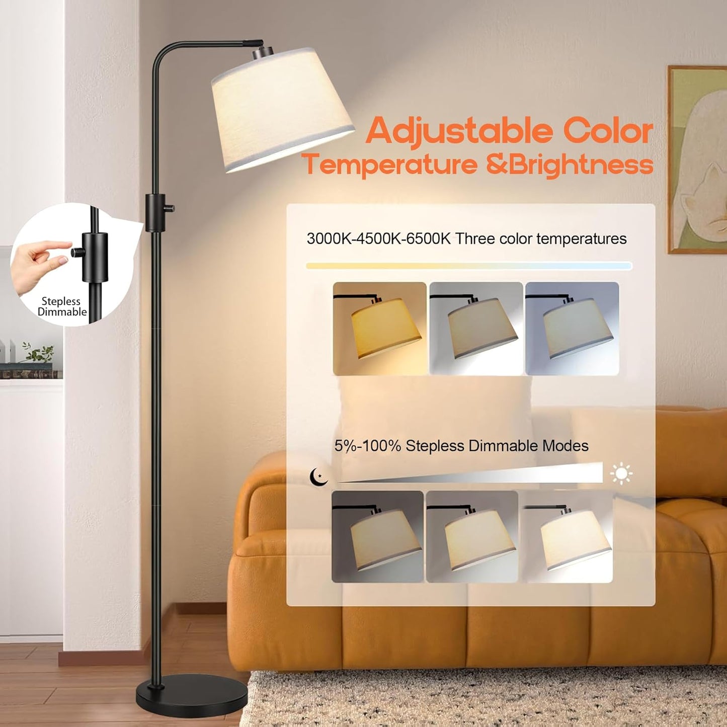 TUXOIUBA Modern Arc Floor Lamp Dimmable LED 3 Color Temperatures Black DEMO
