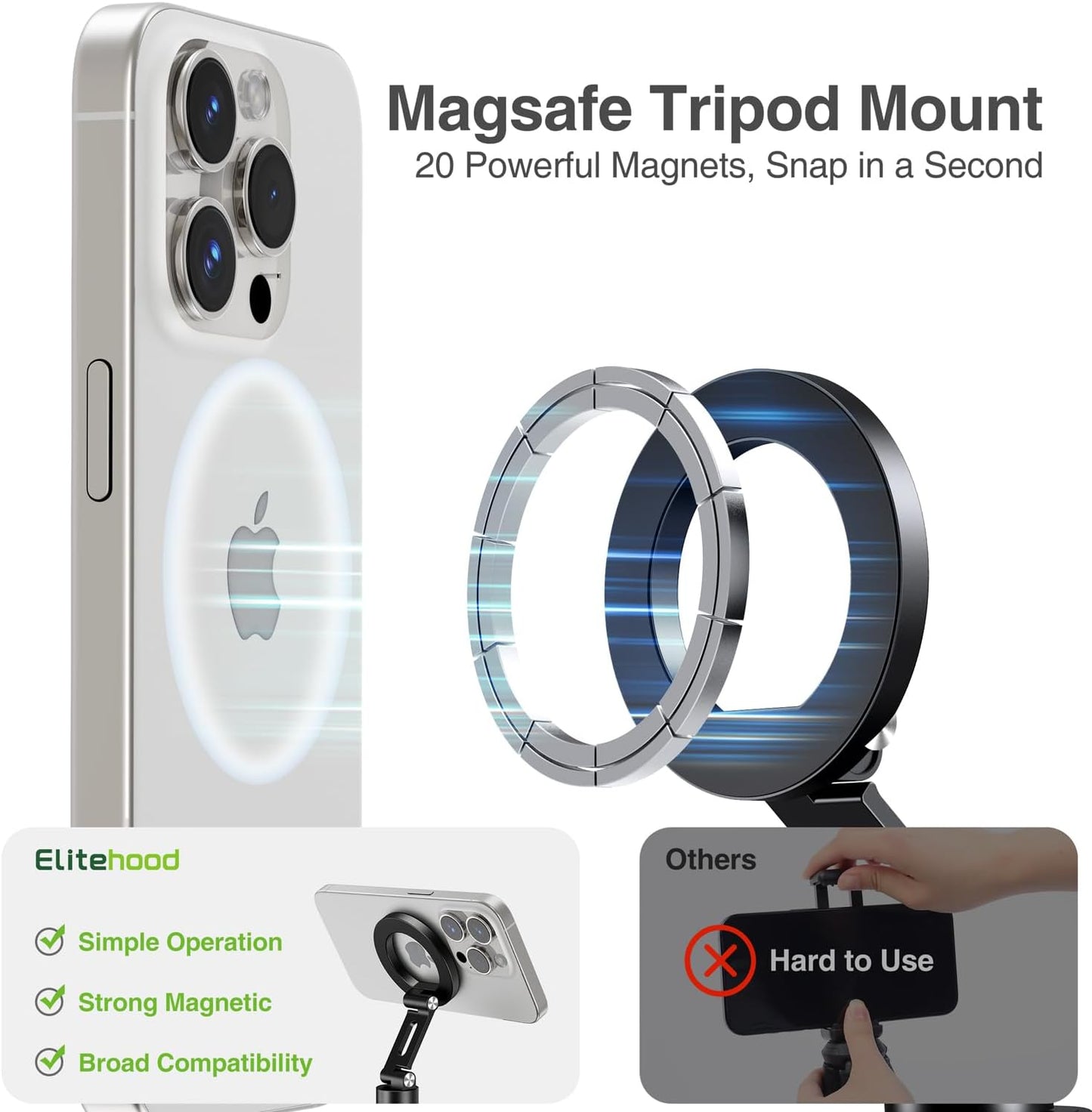 Elitehood Magnetic Phone Tripod Mount Aluminum Black iPhone Holder for DEMO