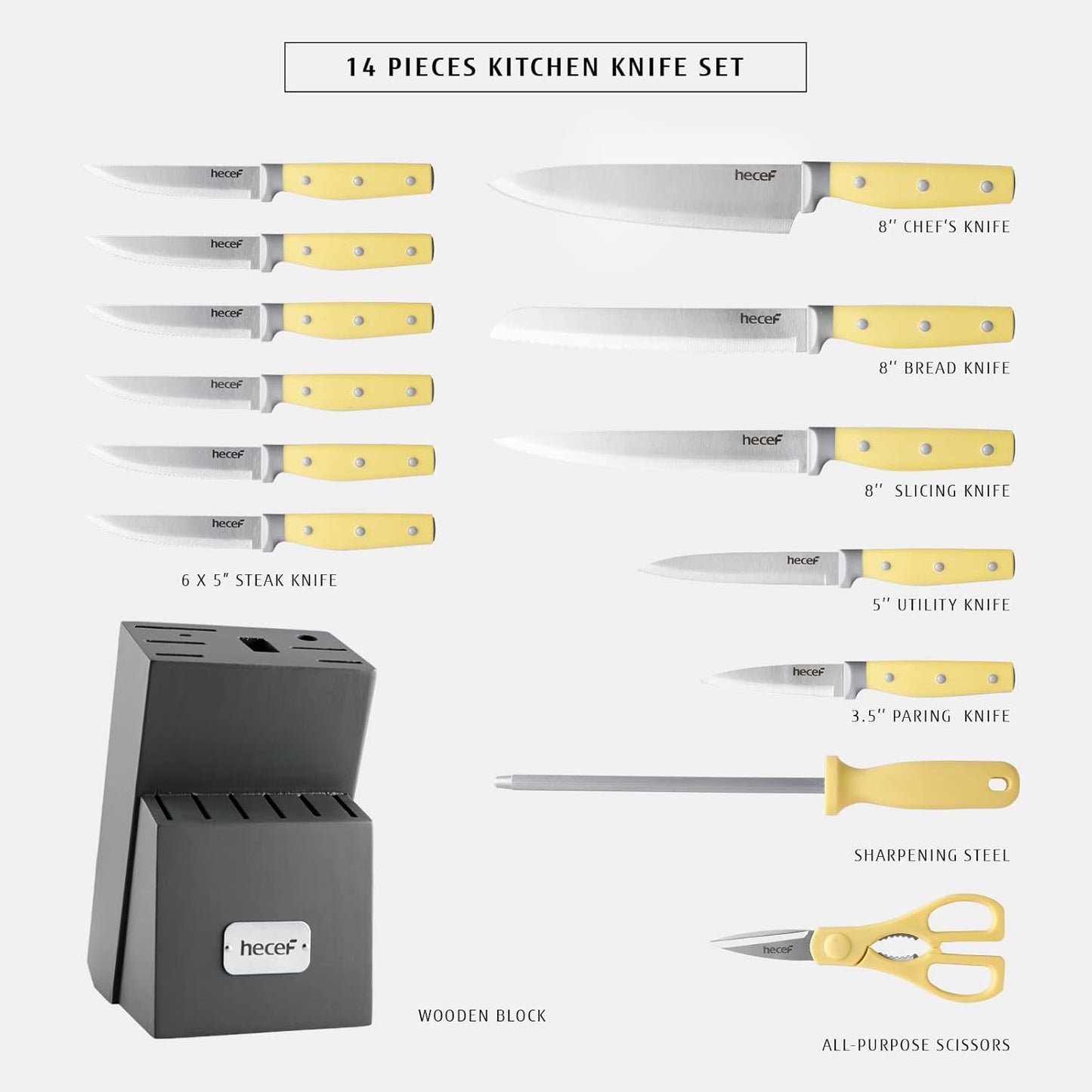 hecef 14-Piece Kitchen Knife Set with Wooden Block and Sharpener Yellow NEW
