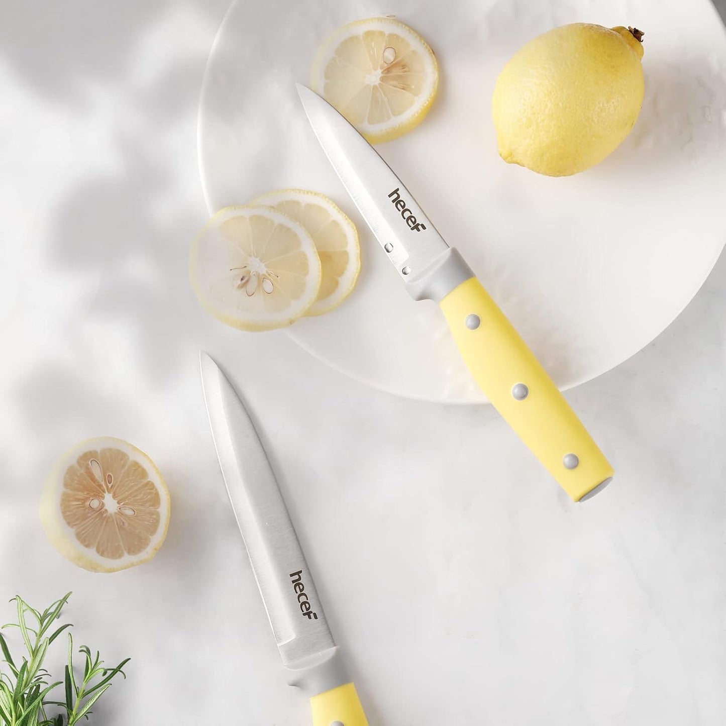 hecef 14-Piece Kitchen Knife Set with Wooden Block and Sharpener Yellow NEW