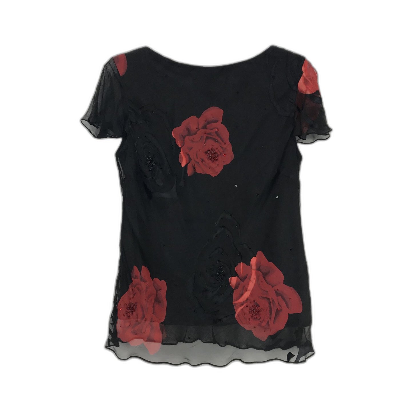 Monti Silk Blouse with Red Roses Beaded Sequins Ruffle Women's Size 12