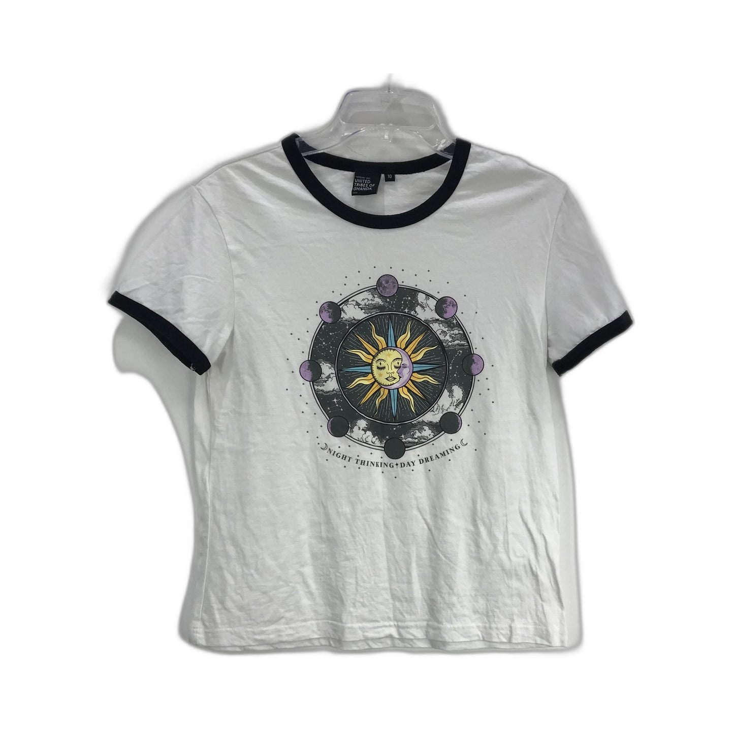 United Tribes of Ghanda Graphic T-Shirt White with Black Trim Cotton Size 10