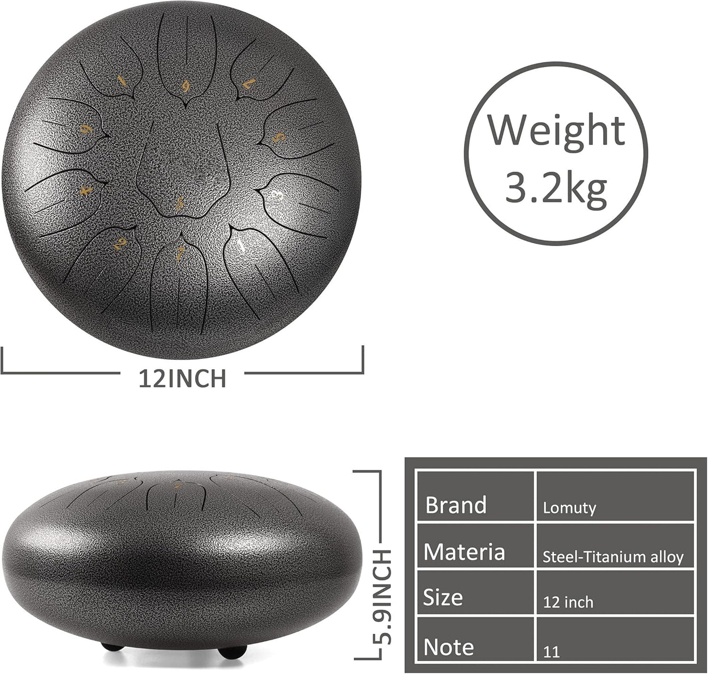 LOMUTY 12 Inch Steel Tongue Drum 11 Notes Sound Therapy Alloy Instrument NEW