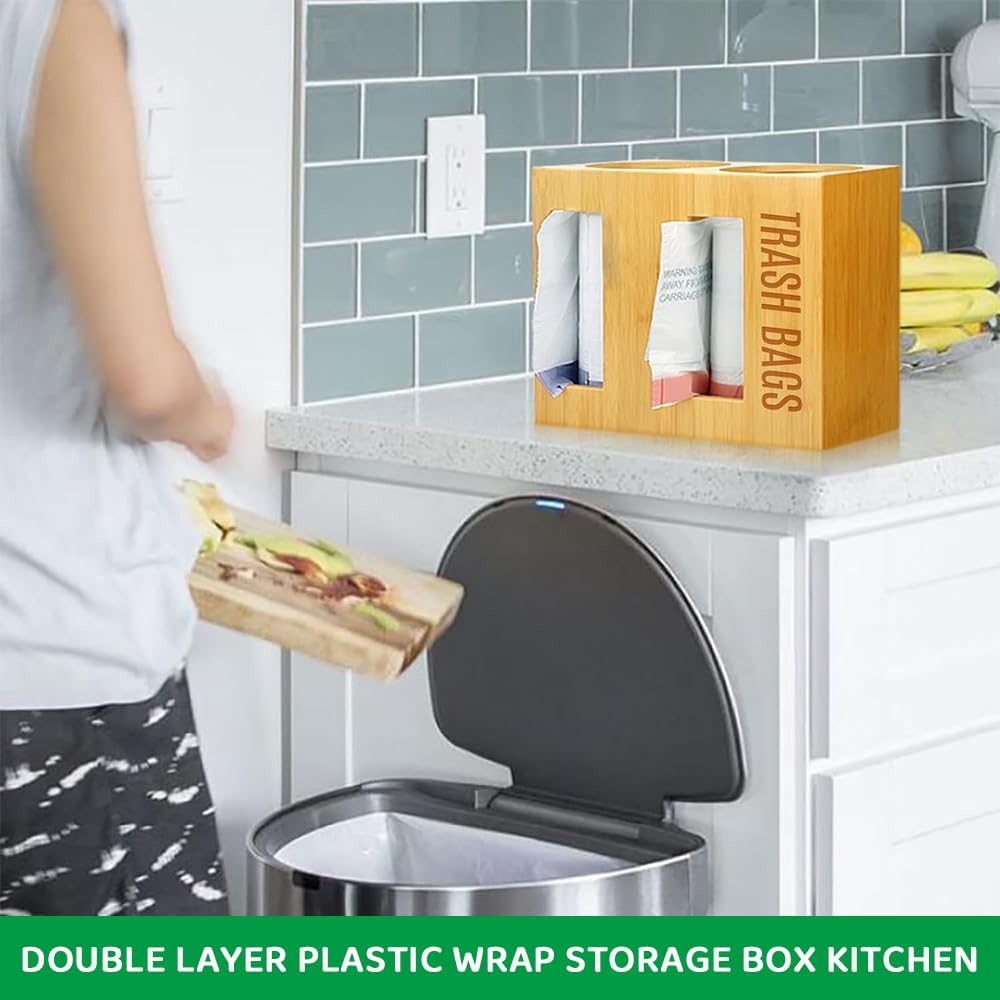 JIUSEGE Bamboo 2-in-1 Dispenser Holder for Jumbo Trash Bag & Paper Towel NEW