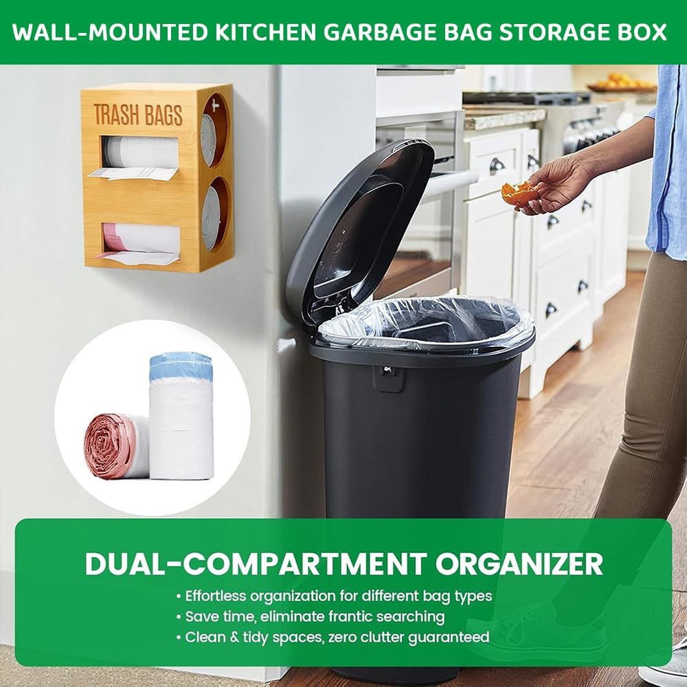 JIUSEGE Bamboo 2-in-1 Dispenser Holder for Jumbo Trash Bag & Paper Towel NEW