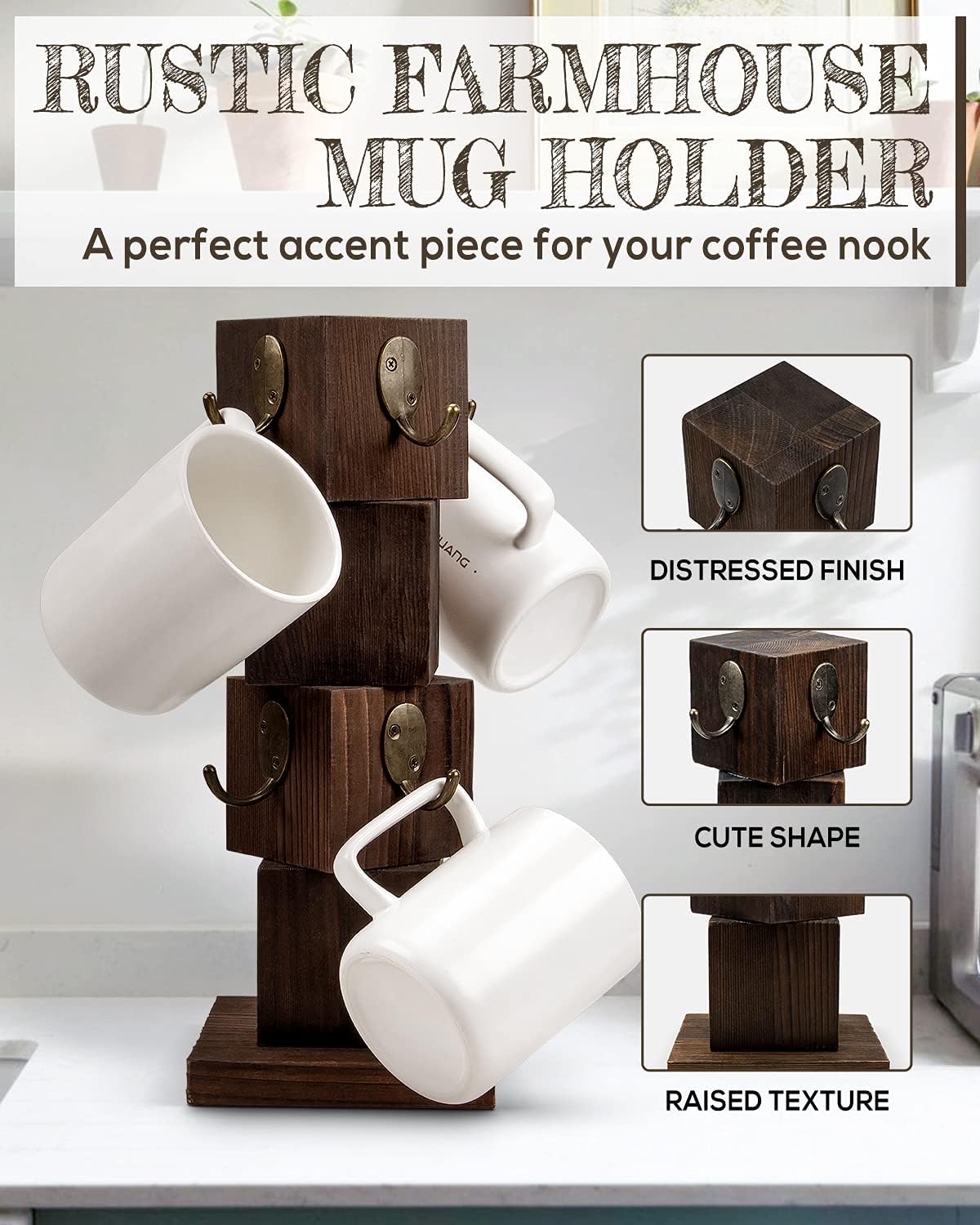 PUERSI Rustic Solid Wood Mug Tree Farmhouse Style Coffee Holder Organizer NEW