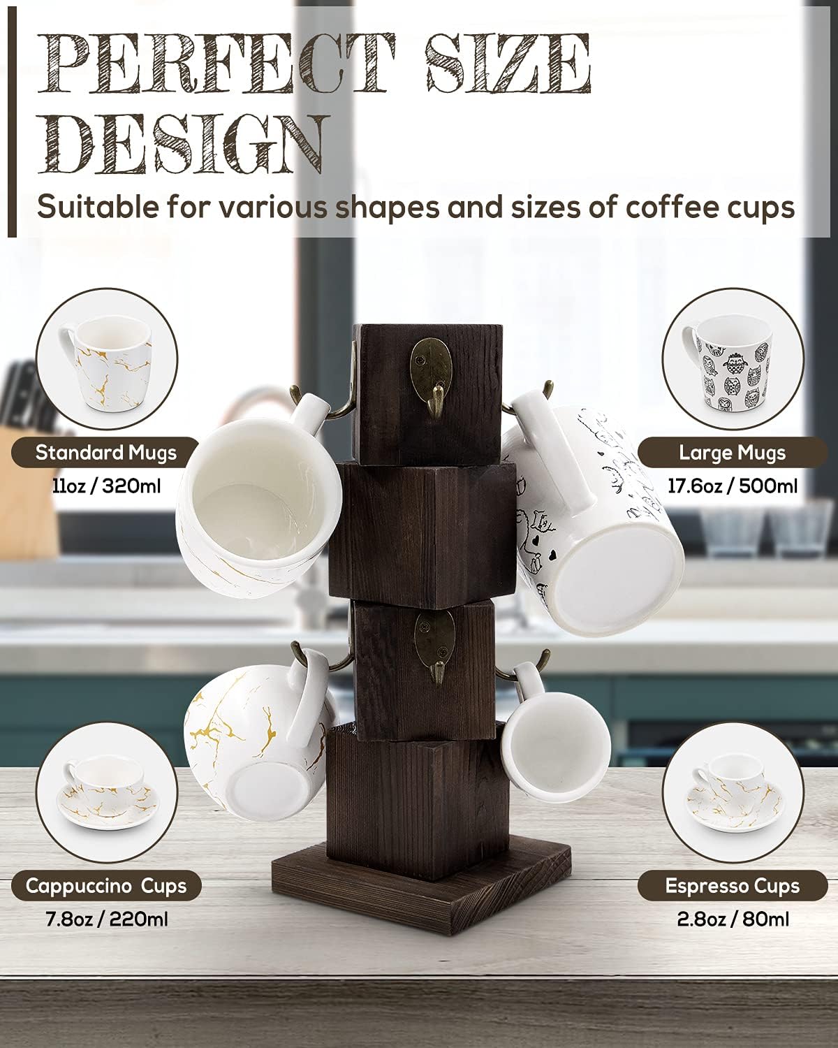 PUERSI Rustic Solid Wood Mug Tree Farmhouse Style Coffee Holder Organizer NEW