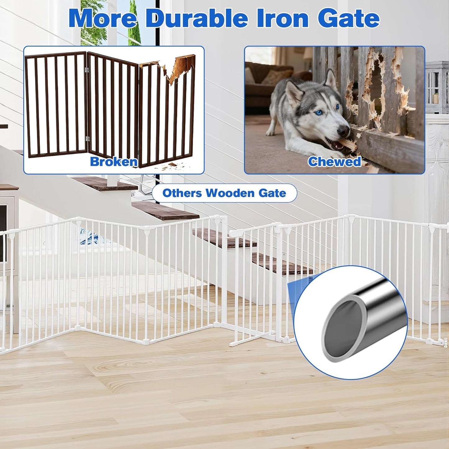 ADVWIN Adjustable Extra Wide Metal Dog Gate with Door, 90-380cm, White NEW