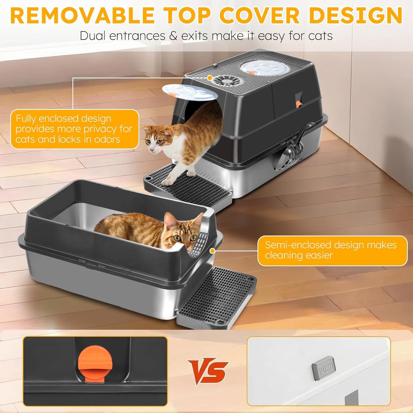QZTHOU Large Enclosed Stainless Steel Cat Litter Box with Removable Metal NEW
