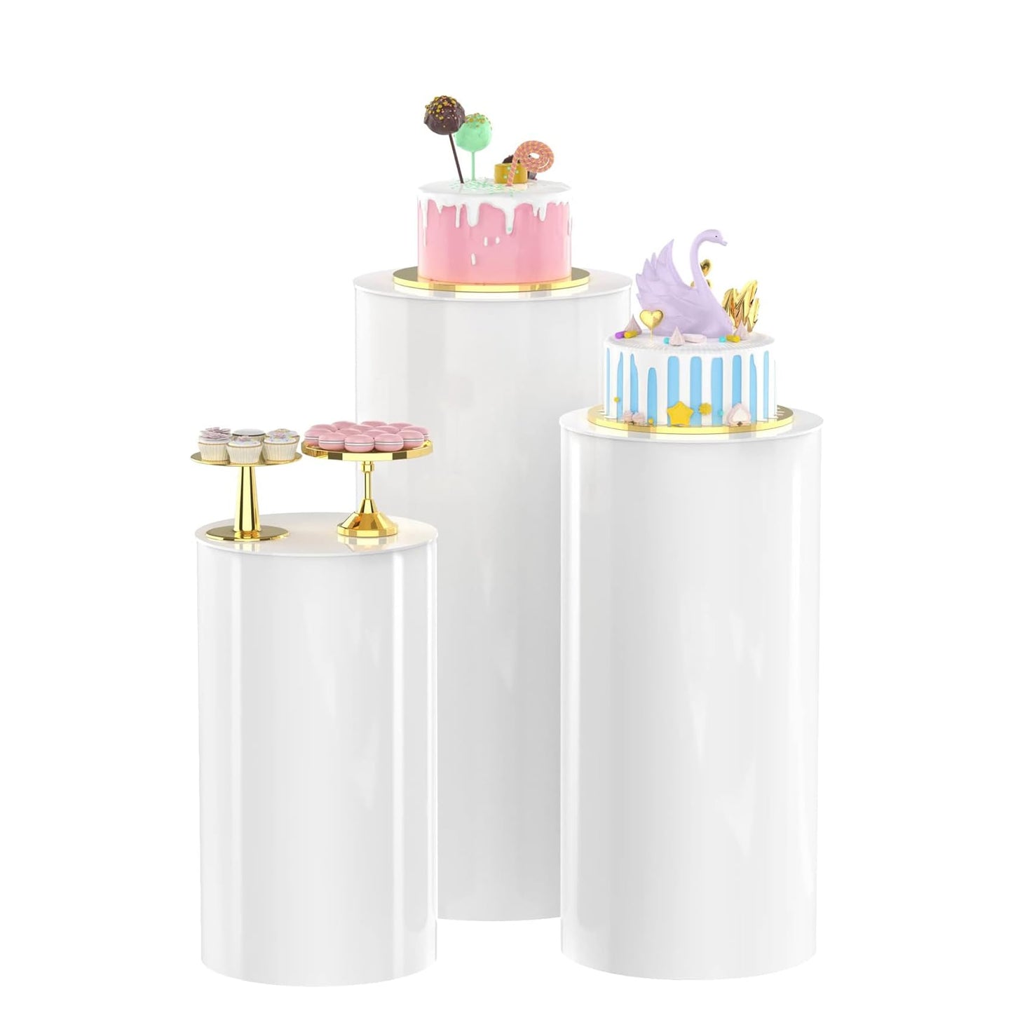 MANYUK 3Pcs White Cylinder Pedestal Stands Round Display Plinth for Cake DEMO