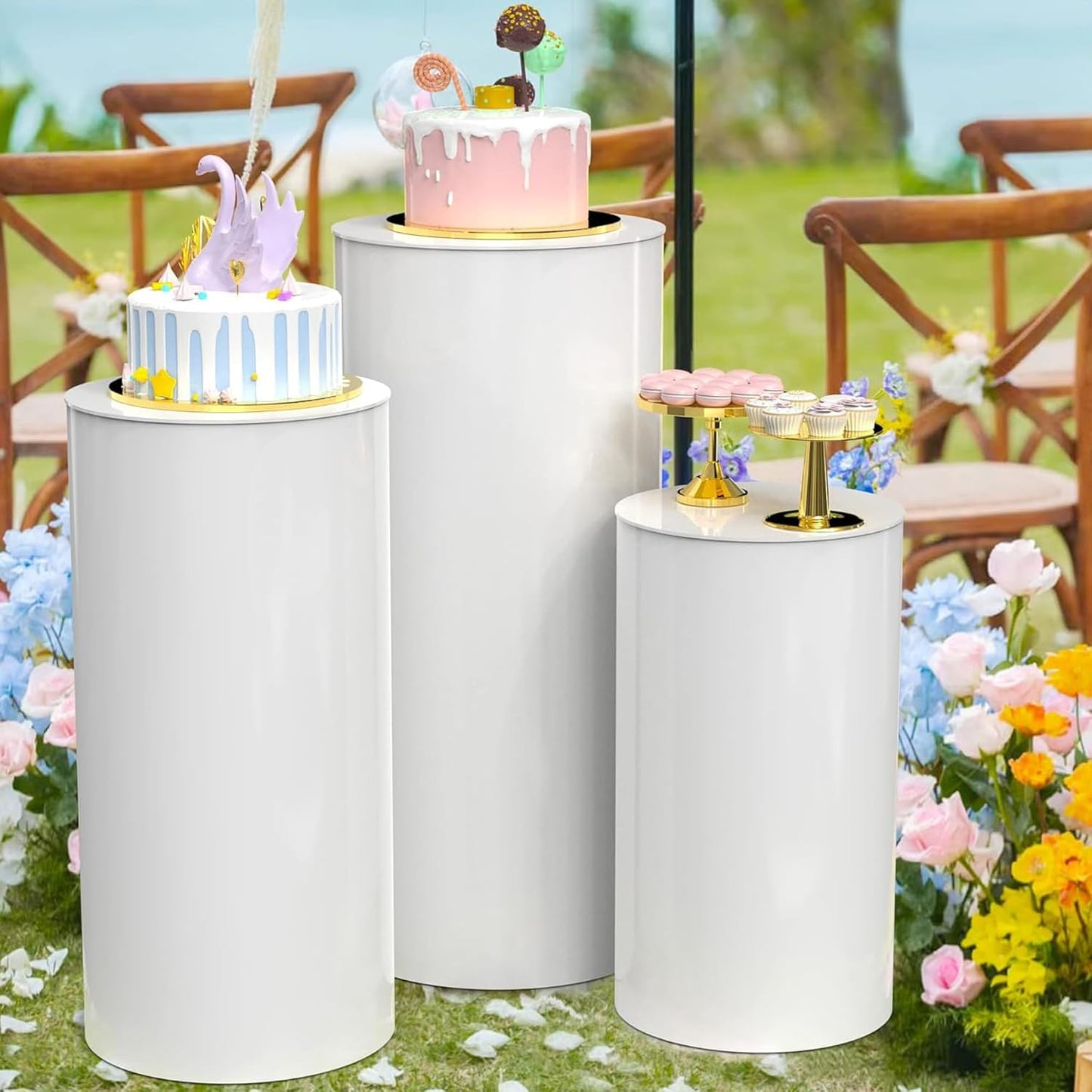 MANYUK 3Pcs White Cylinder Pedestal Stands Round Display Plinth for Cake DEMO
