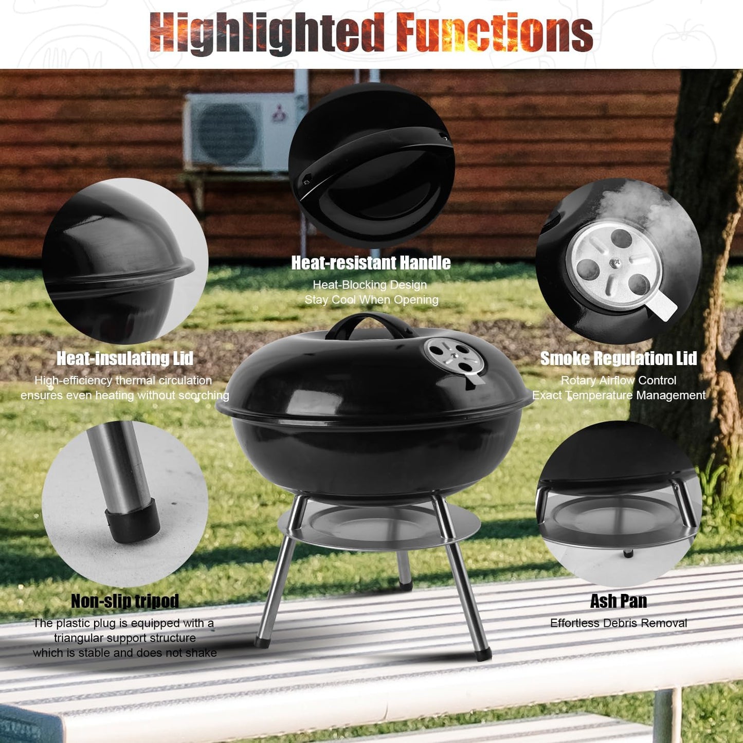 guogiyala 14 Home Improvement Inch Portable Outdoor Grill with 3-Point NEW
