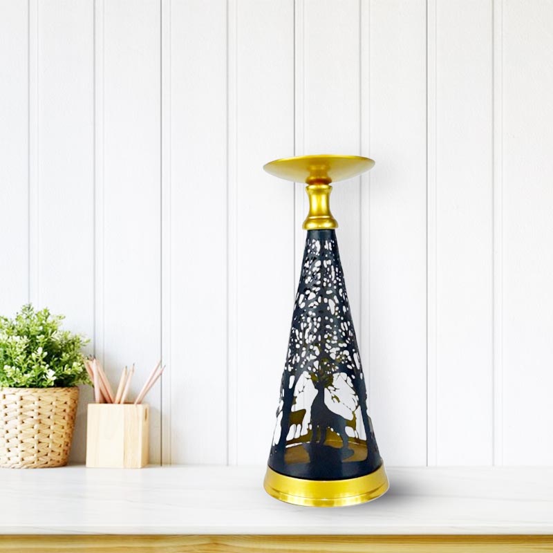Handmade Elegance in Black Gold Cone Metal Candle Holder NEW
