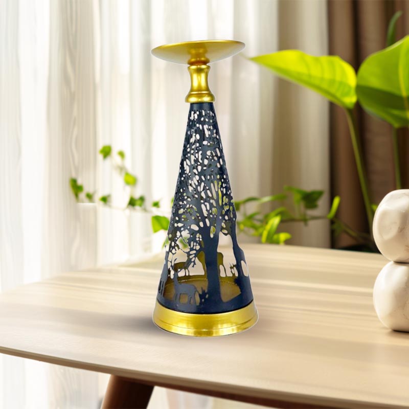 Handmade Elegance in Black Gold Cone Metal Candle Holder NEW