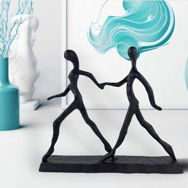 Handmade Walking Couple Sculpture in Sleek Black Aluminium Modern Artistic Home Decor Accent NEW