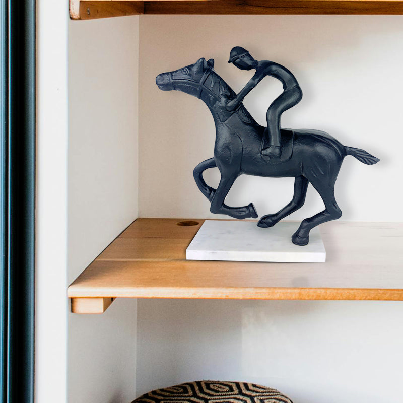 Handcrafted Horse Racing Jockey Statue Detailed And Dynamic Equestrian Decor on a Marble Base NEW