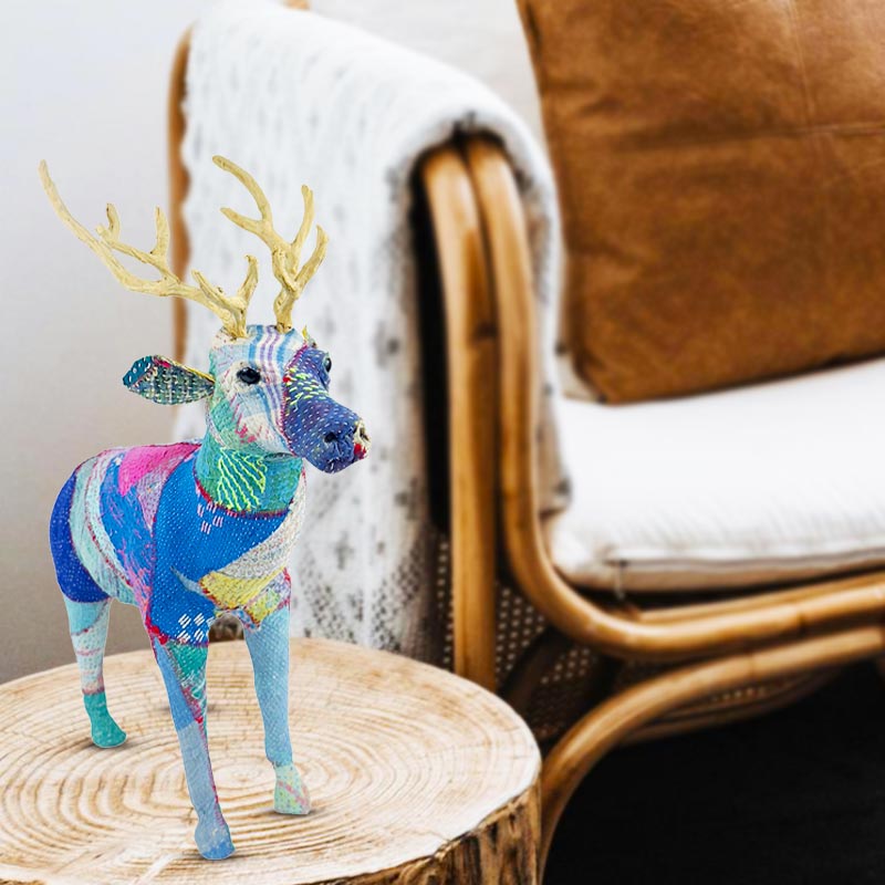 Handmade Blitzen Reindeer Sculpture Multicolour Statement Decor for Animal Theme Home Styles NEW