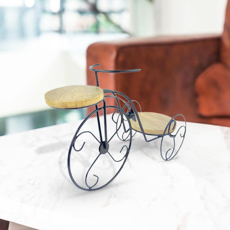 Handcrafted Rustic Elegant Tri Bike Tealight Holder Whimsical Wooden and Iron Table Accent  NEW
