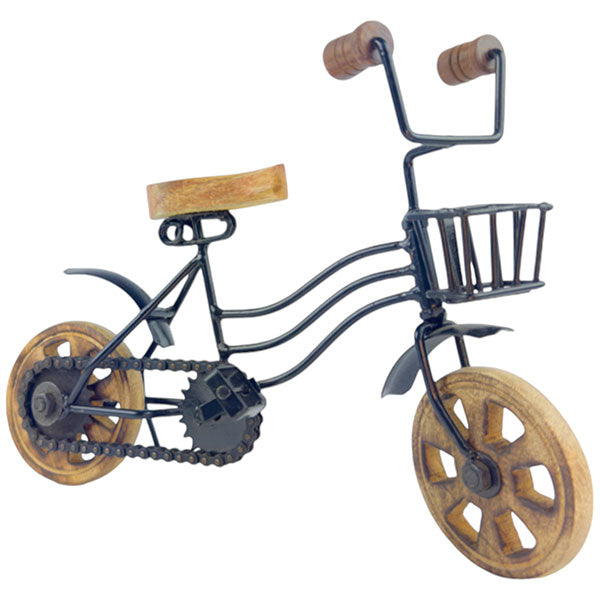 Handcrafted Rustic Vintage Bike Accent Table with Wooden Wheels and Quaint Front Basket NEW