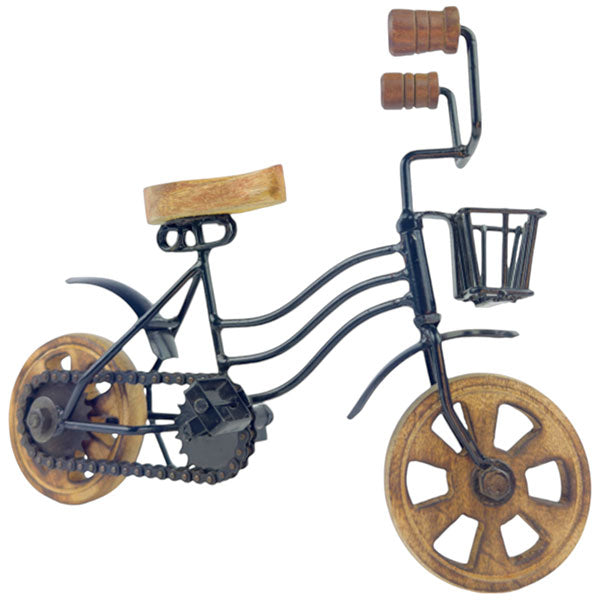 Handcrafted Rustic Vintage Bike Accent Table with Wooden Wheels and Quaint Front Basket NEW