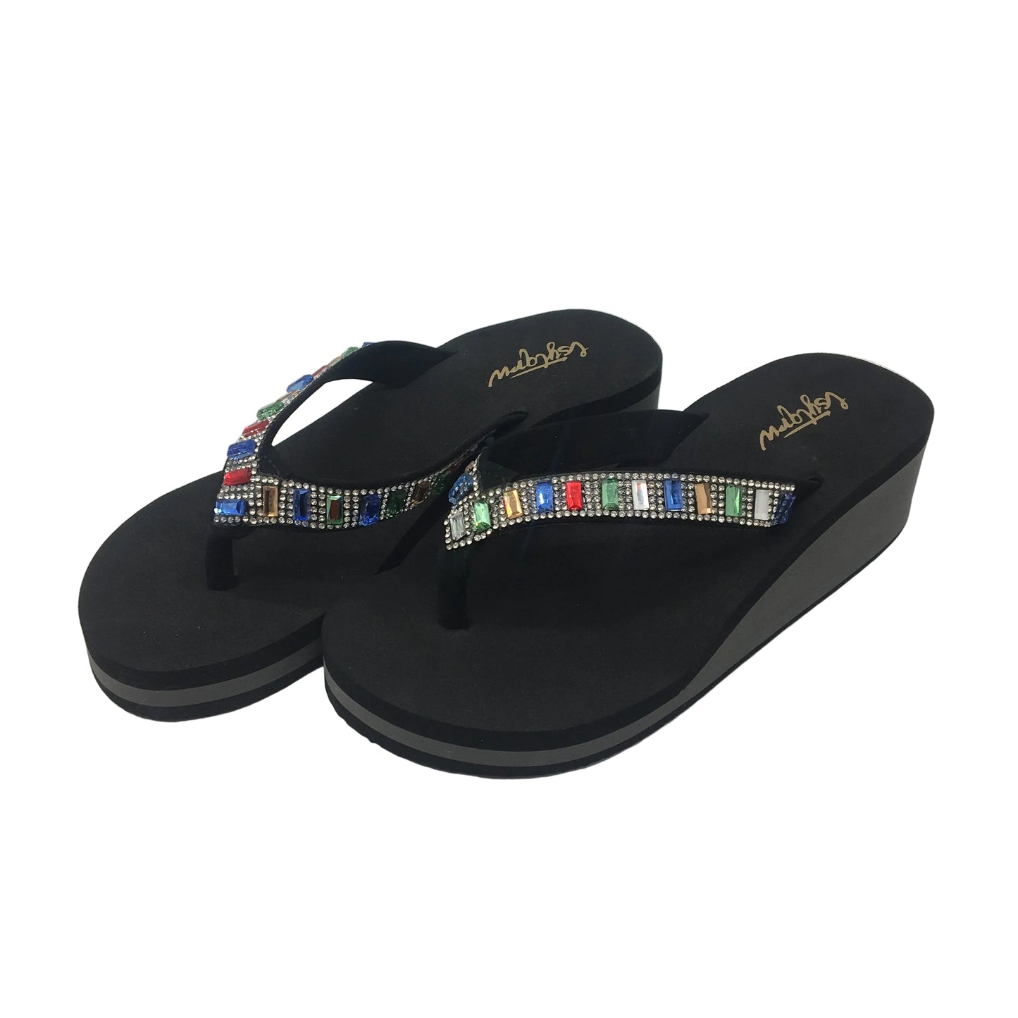 Lsytqrw Wedge Sandals Women Thong Bling Rhinestones US 7 Black NEW