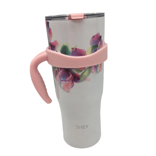 Thily 1180ml Stainless Steel Pink Lillies Handle/Straw Travel Mug NEW