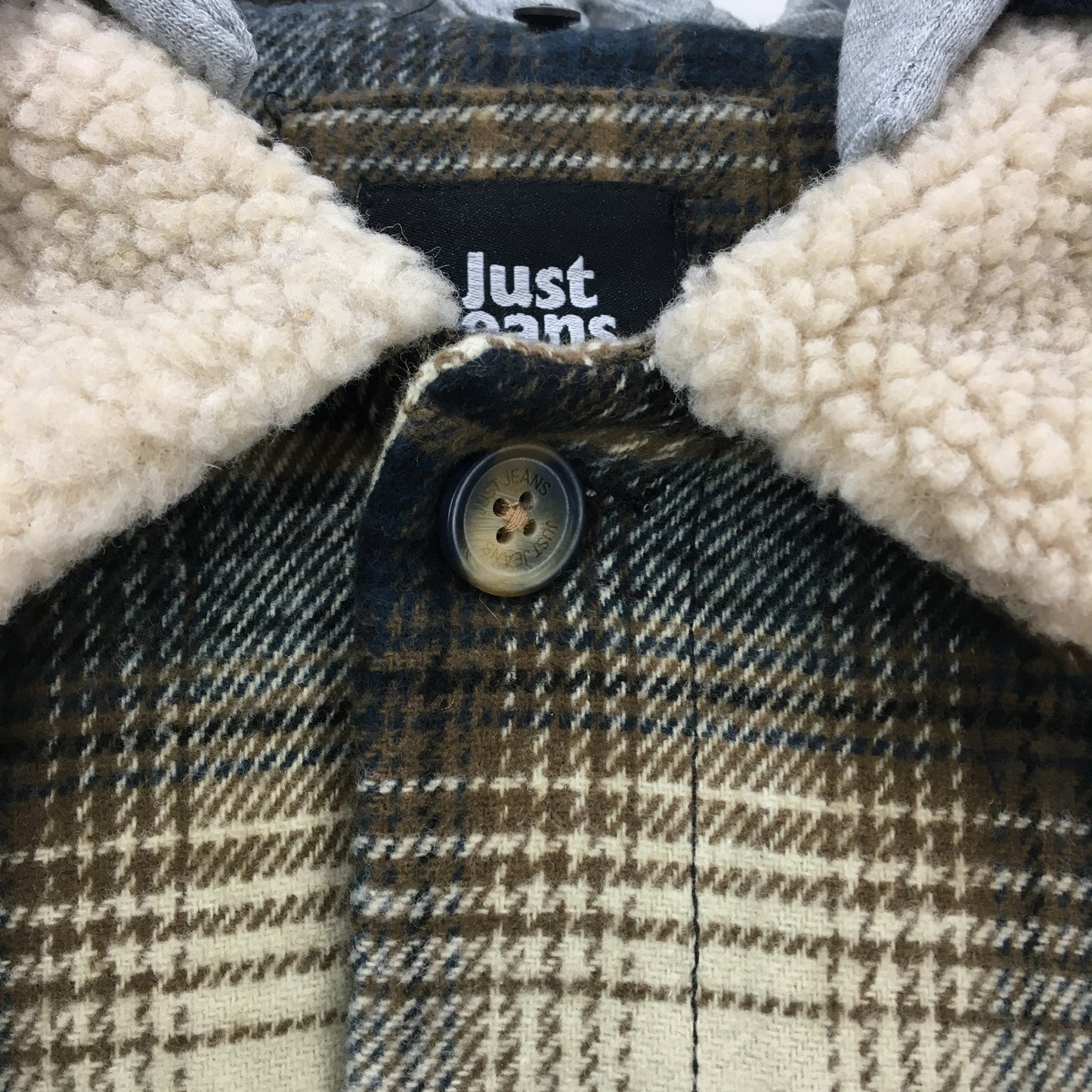 Just Jeans Brown Flannel Check Grey Removable Jersey Hood Jacket Mens Size M NEW