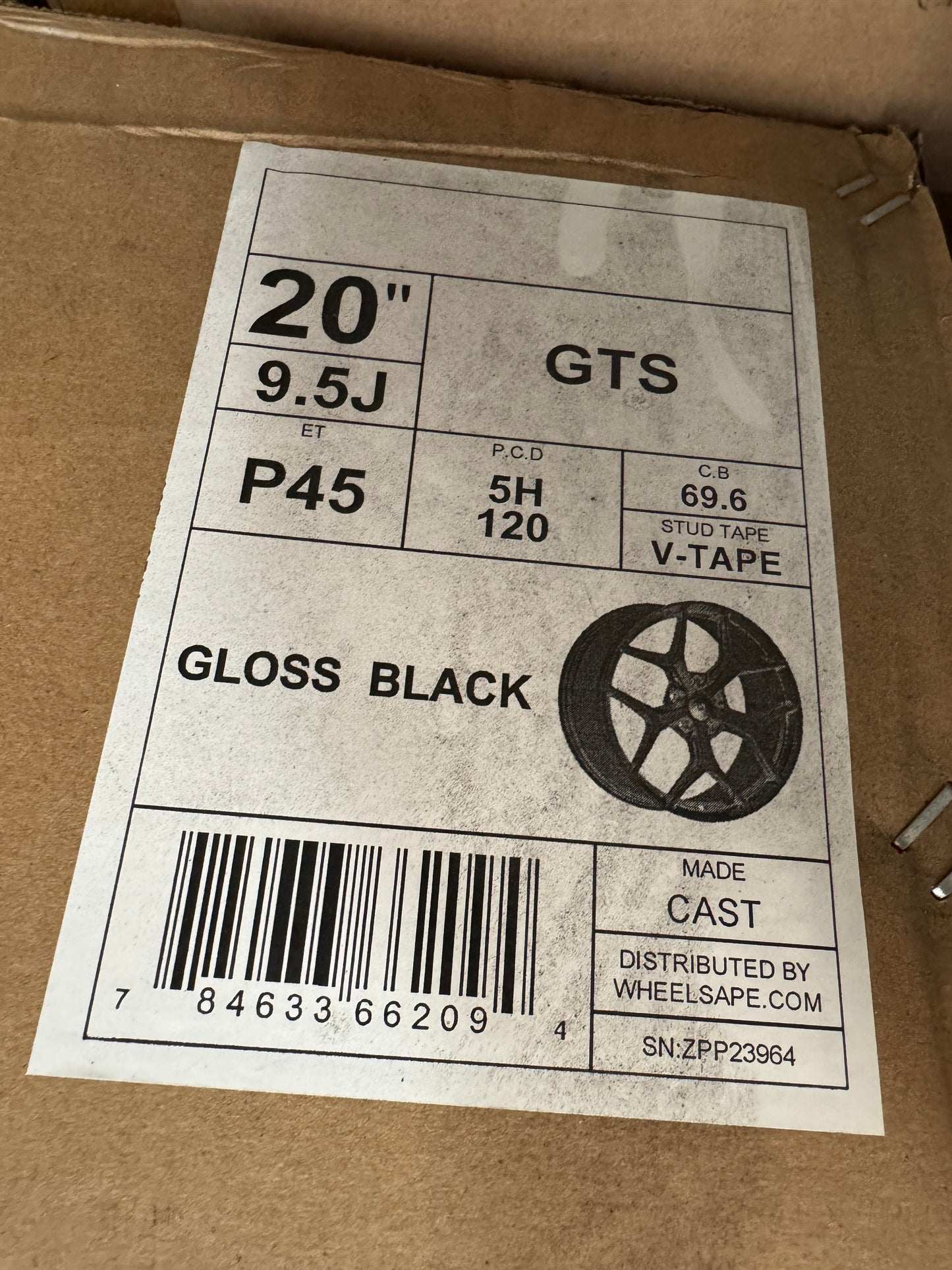 Wheelsape RSeries GTS 20" P45 9.5J V-Tape Cast Made Gloss Black Single Rim NEW