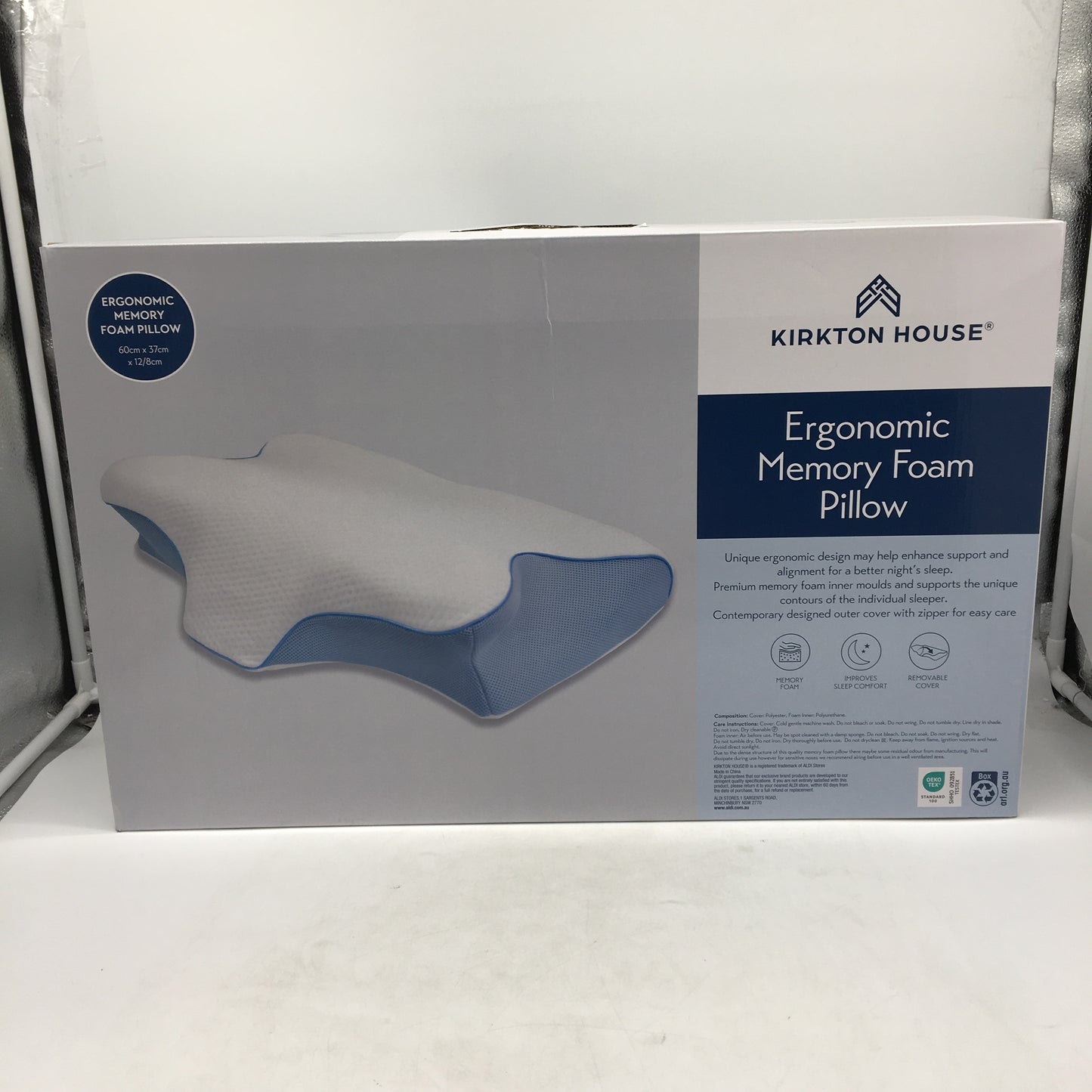Kirkton House Ergonomic Memory Foam Pillow & Removable Cover 60x37cm NEW