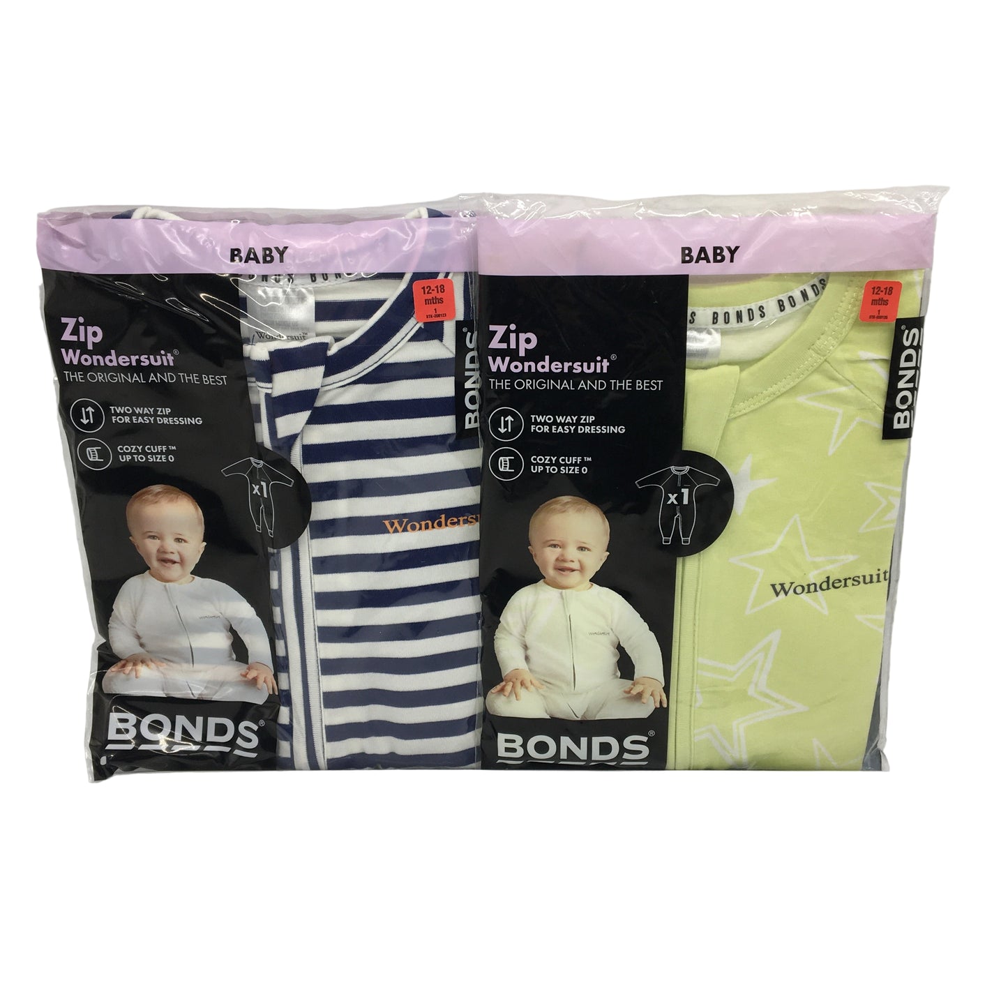 Bonds 2 Pack Navy Stripe & Lime Star Zip Wondersuits Pack 12-18 Months Sze 1 NEW