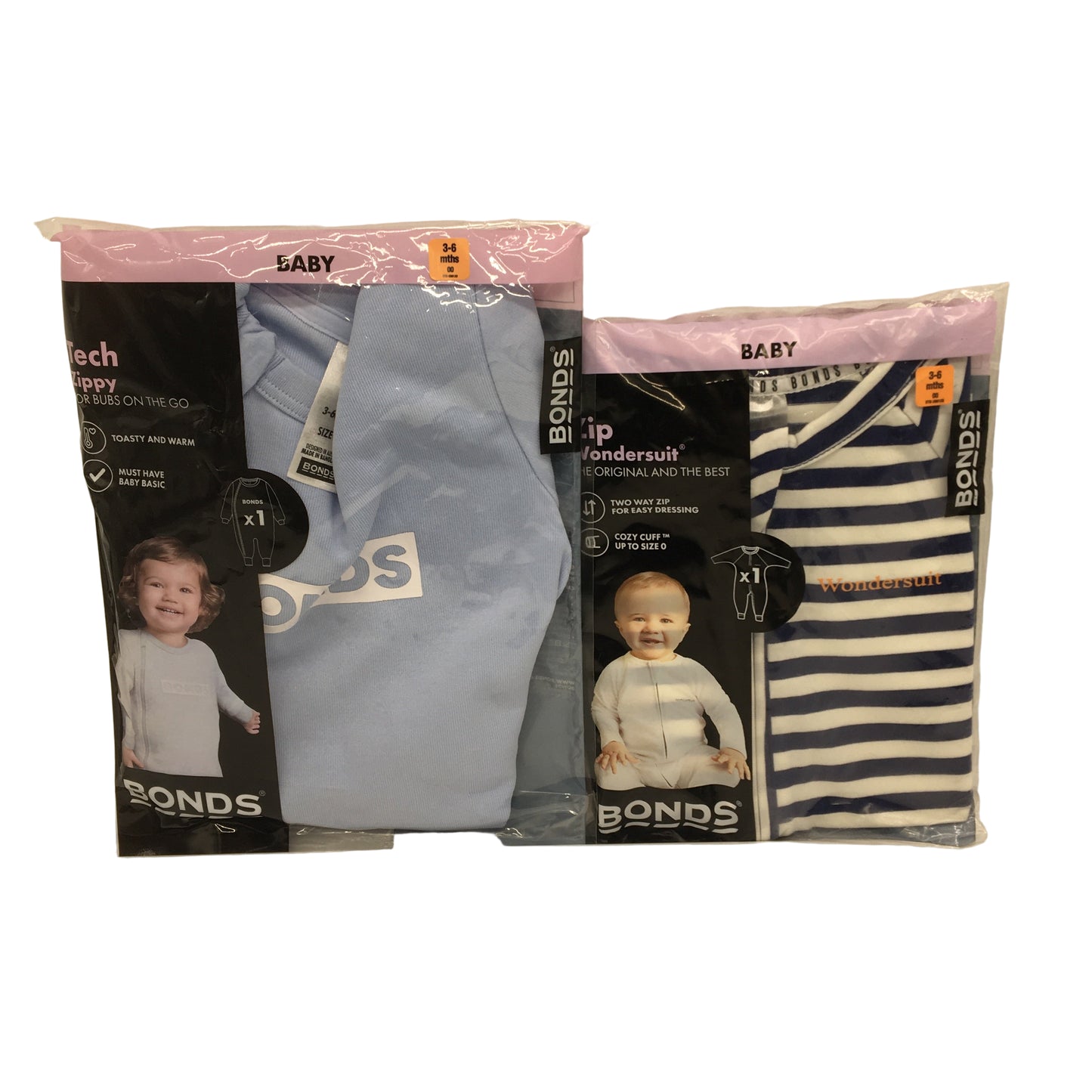 Bonds 2 Pack Navy Stripe & Lilac Zip Wondersuits Pack 3-6 Months Sze 00 NEW