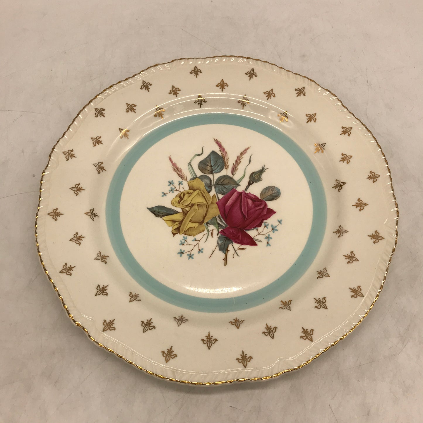 Wood & Sons England Alpine White Ironestone Blue & Gold Floral 16Pce Plate Set