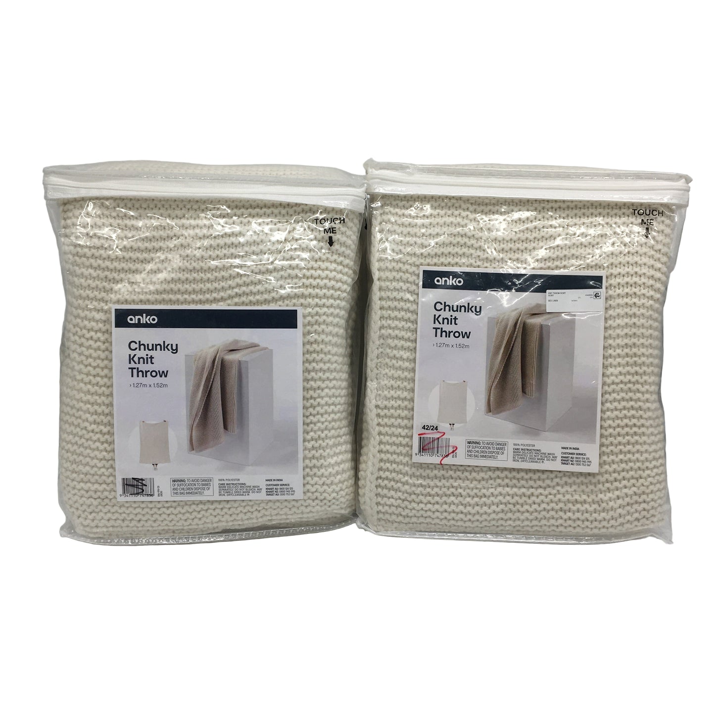 Set of 2 Ivory White Chunky Knit Textured Weave Throw Blankets 1.27x1.52m NEW