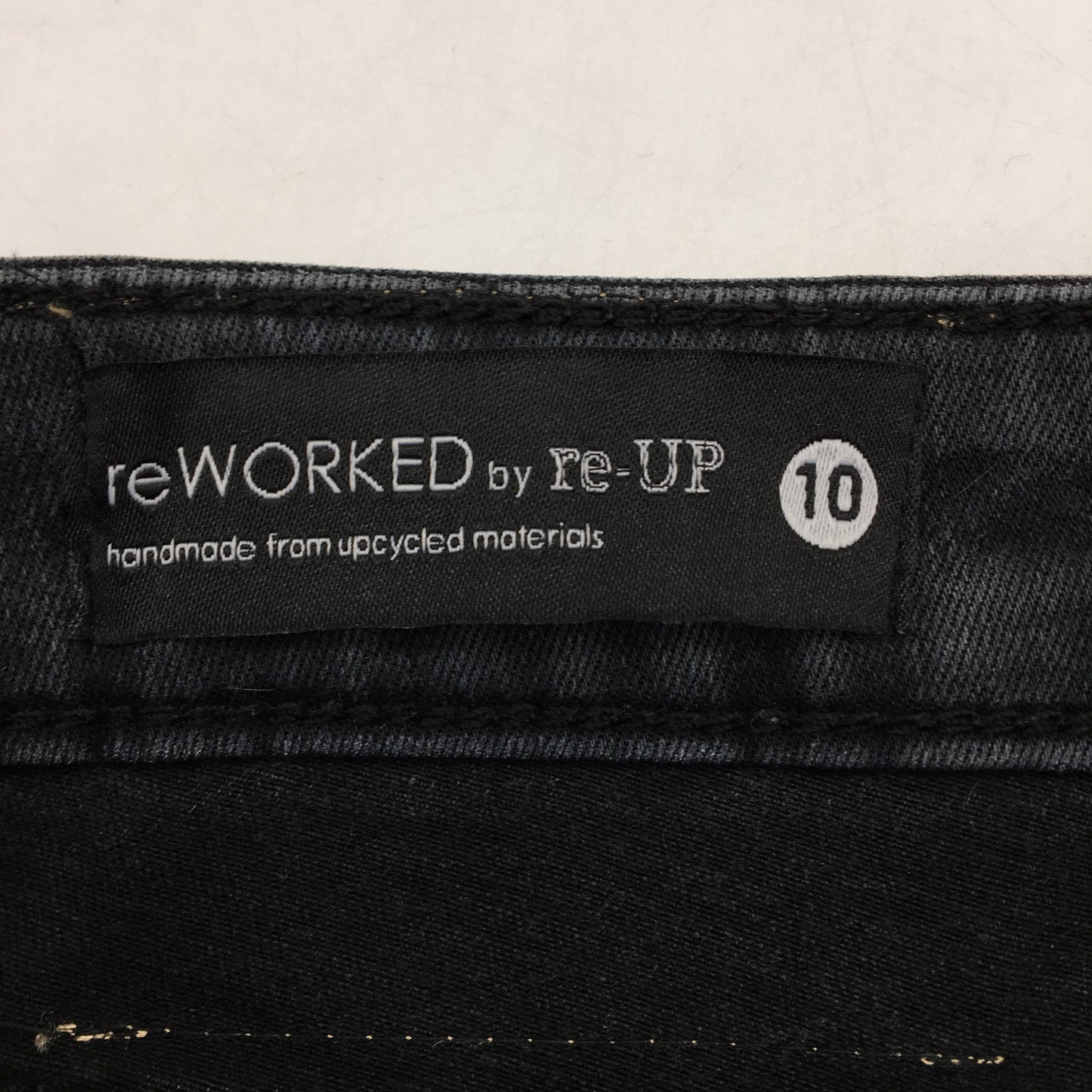 reWORKED re-UP Handcrafted Upcycled Fabrics Black Denim Ramona Skirt Sz 10