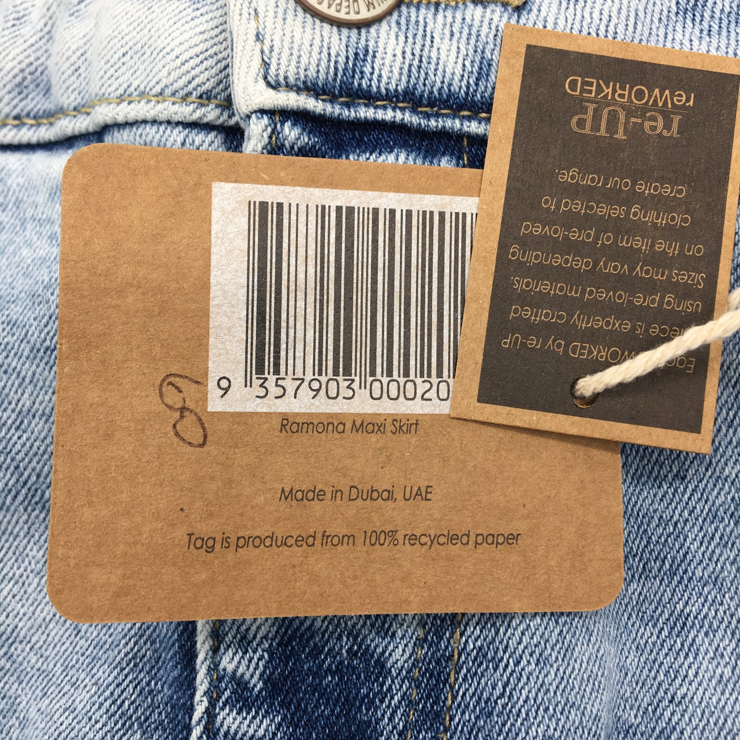 reWORKED re-UP Handcrafted Upcycled Fabrics Black Denim Ramona Skirt Sz 10