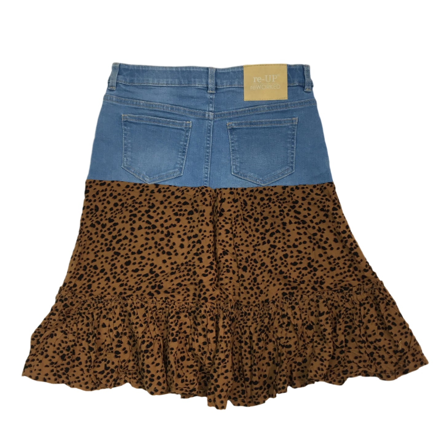 reWORKED re-UP Handcrafted Upcycled Fabrics Blue Brown RaRa Mini Skirt Sz 8