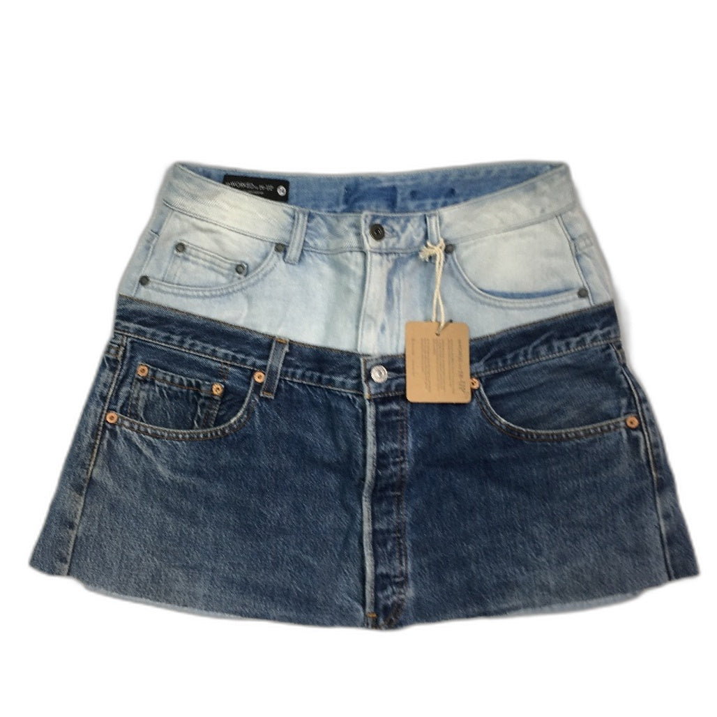 reWORKED re-UP Handcrafted Upcycled Fabrics Denim Veronica Mini Skirt Sz 14