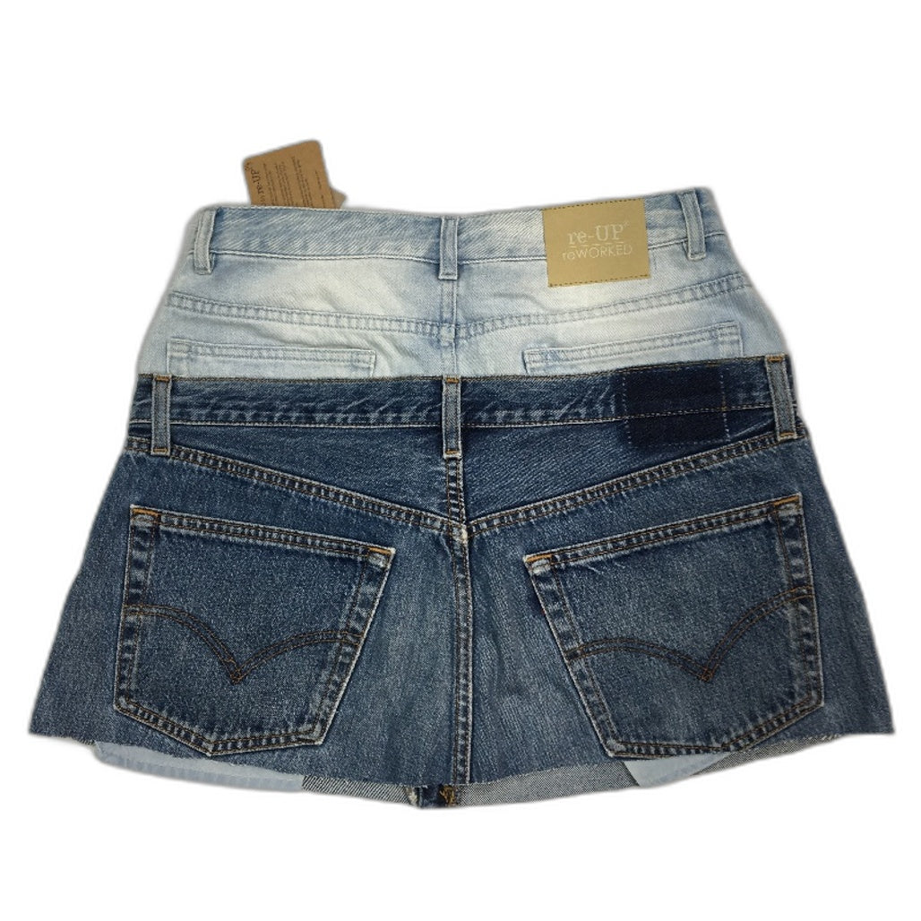 reWORKED re-UP Handcrafted Upcycled Fabrics Denim Veronica Mini Skirt Sz 14