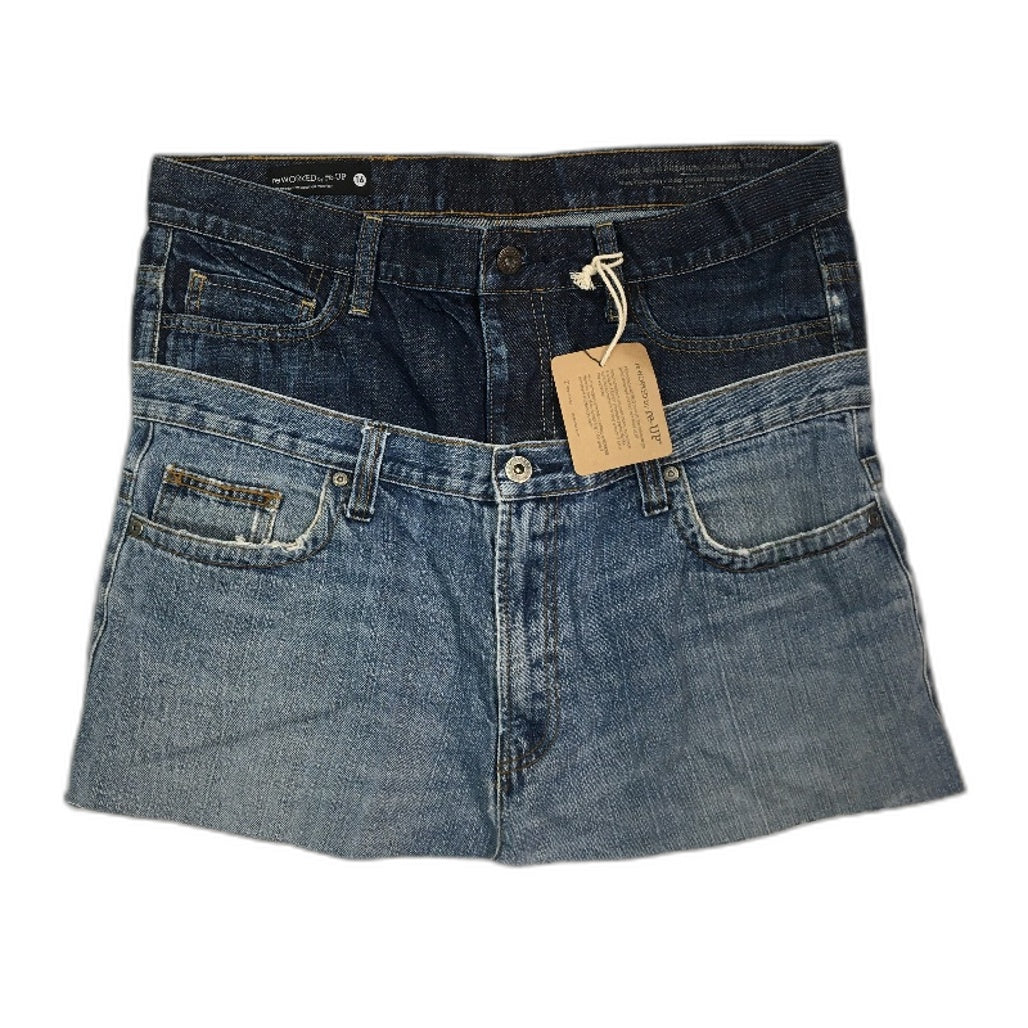 reWORKED re-UP Handcrafted Upcycled Fabrics Denim Veronica Mini Skirt Sz 16